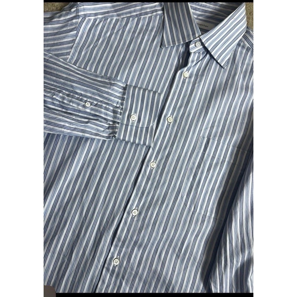 Ermengildo Zegna Shirt 41 16 Blue White Striped Cotton Dress Casual XL Office